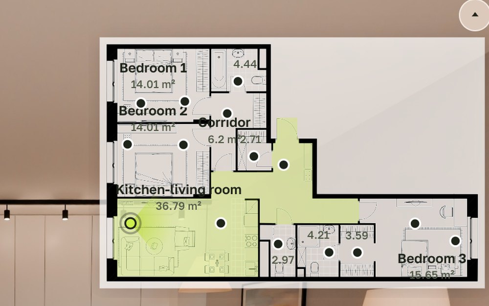 The apartment plan in the tour with viewpoints, room names and areas