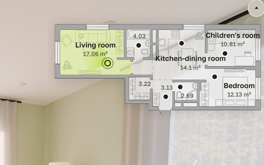The apartment plan in the tour with viewpoints, room names and areas